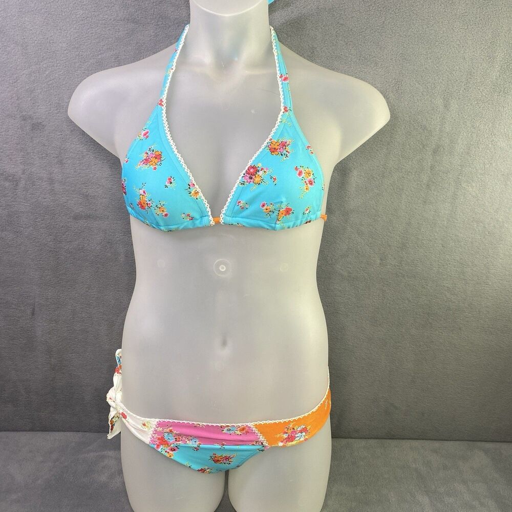 AGUA DOCE Brazilian 2-pc Bikini Size Large Flowers Patchwork Lace Trim Hip Tie